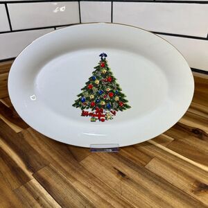 Vintage Trisa Porcelain Christmas Tree 14" Oval Platter, Holiday Serving Dish